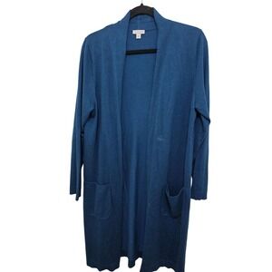 J.JILL Blue Open Front Long Cardigan W/ Pockets Women M Cotton/Poly Blend Lightw